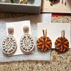 Elegant White Marble Beads and Brown Art Wood Earrings Set of 2